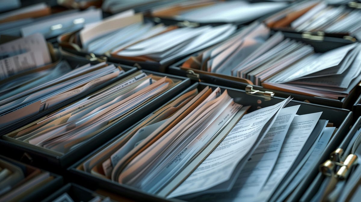 Rows of open file boxes packed with case documents