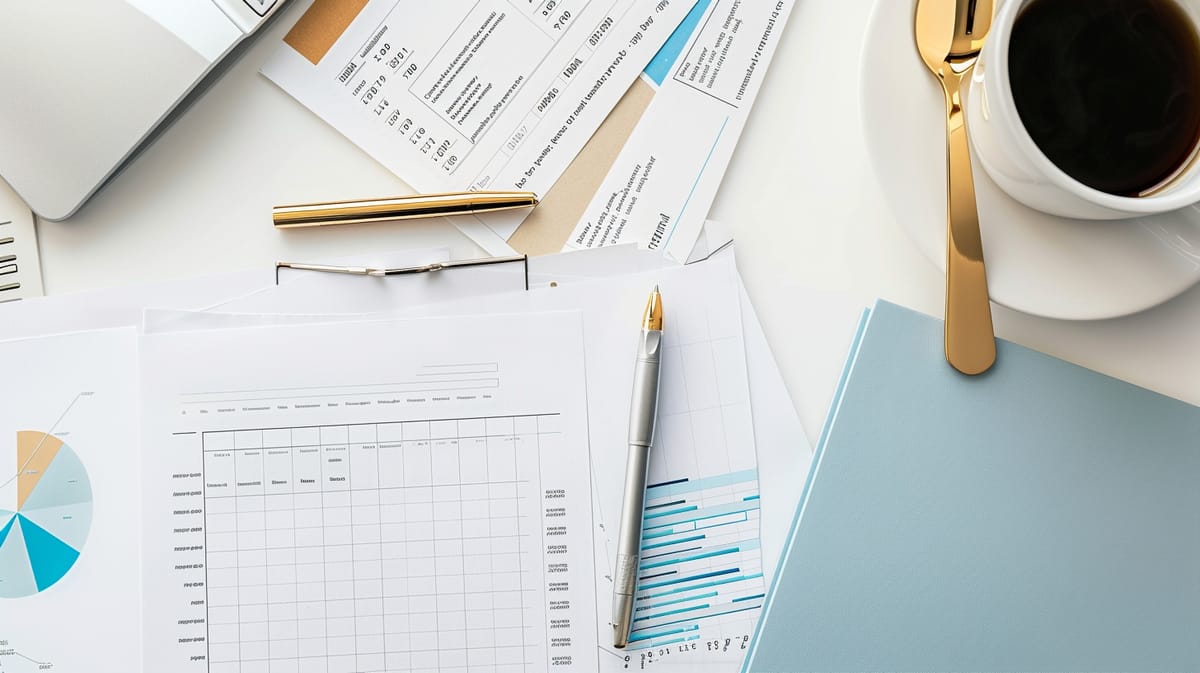 Financial statements, charts and a gold pen on a white desk beside a cup of coffee